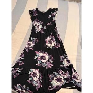 Black and Purple Floral Ruffle-Sleeve Tiered Maxi Dress - Size Medium